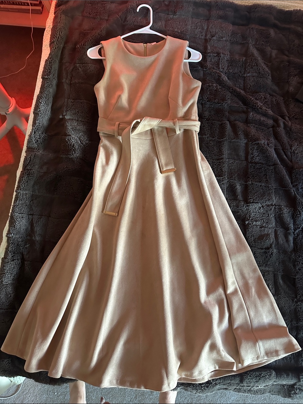 Calvin Klein Sleeveless Cream Fit-and-Flare Dress with Belt
